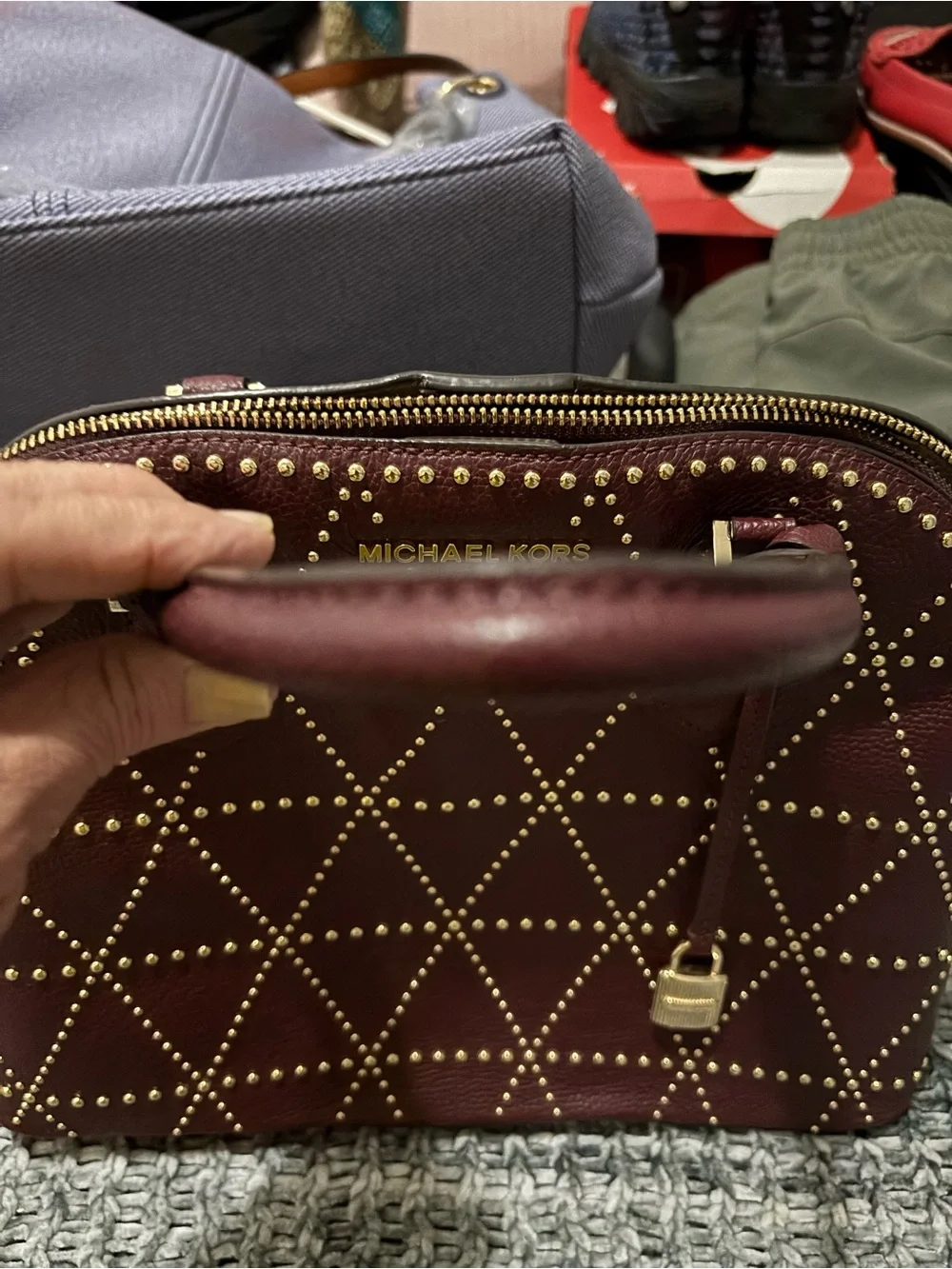 Michael Kors Maroon Leather Studded Satchel with Gold Hardware